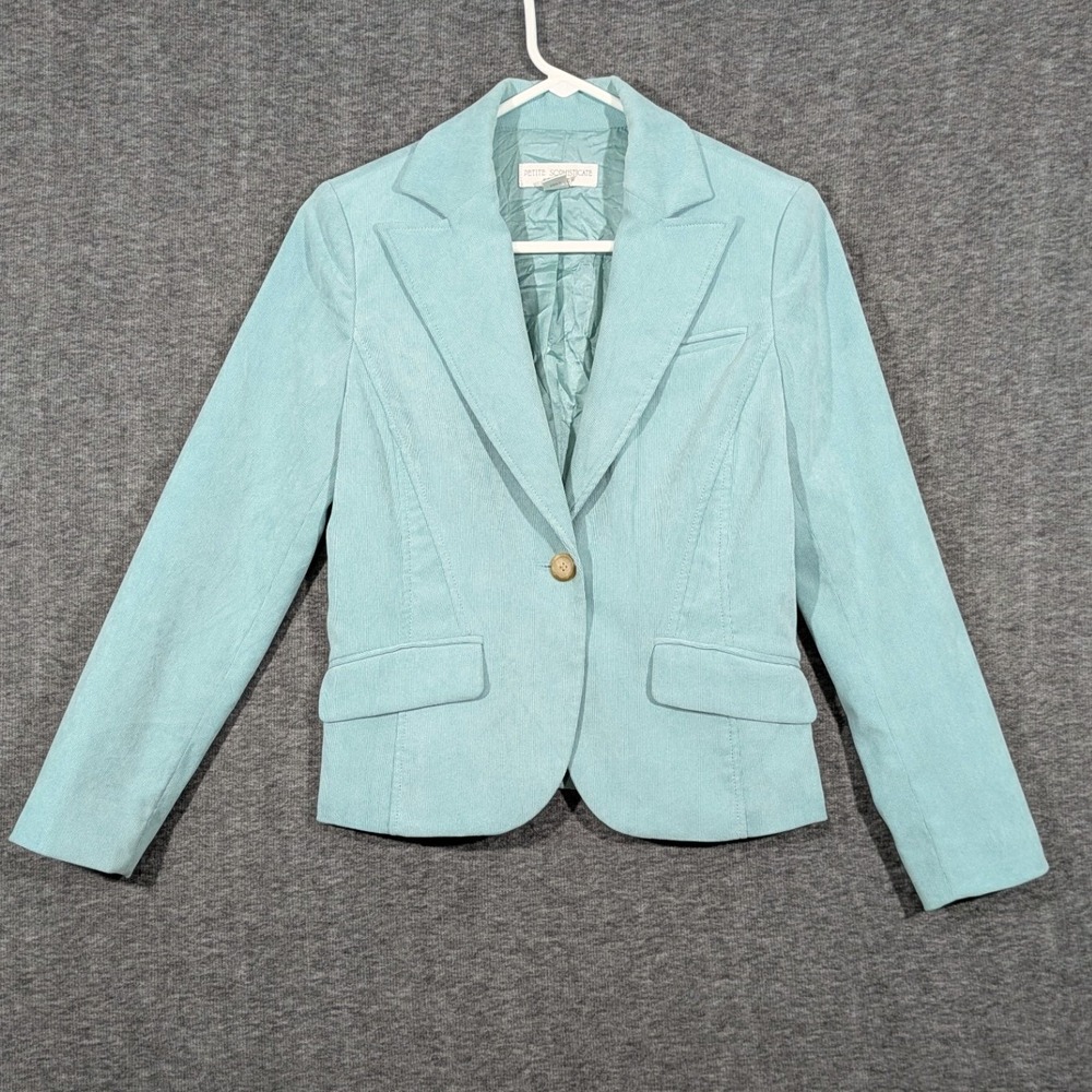 Petite Sophisticate Seafoam Blue Ribbed Stretch Lined Single Button Blazer Sz 2